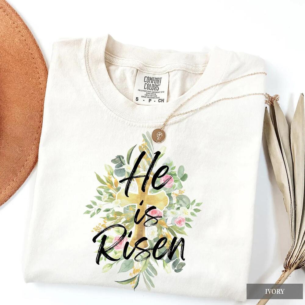 Christian Easter Shirt Floral Cross He Is Risen Religious Graphic TeeTshirt